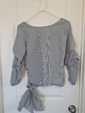 Chelsea & Theodore Gray and White Striped Boatneck Top With Adjustable Bow